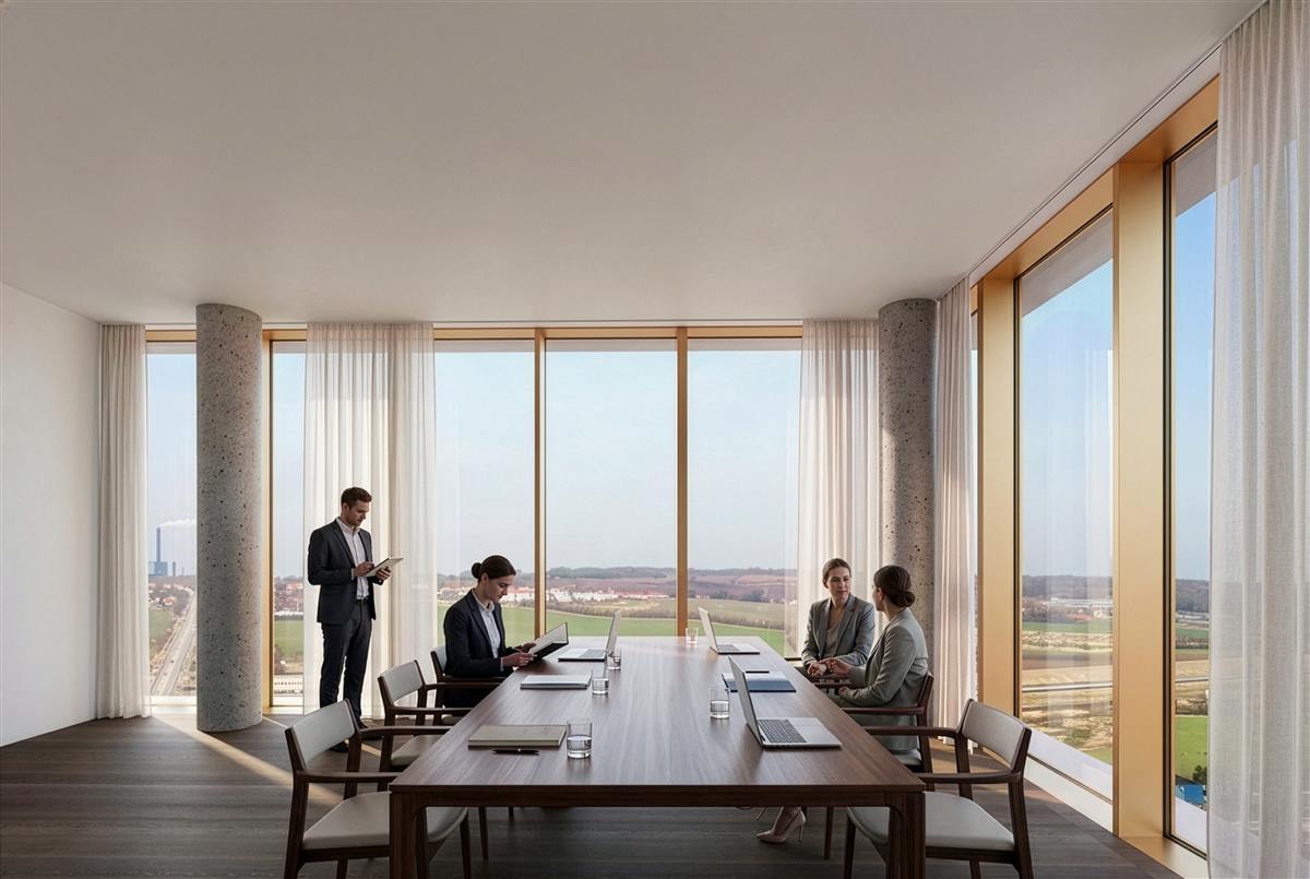 Mødelokale med panoramavinduer og udsigt over det omkringliggende landskab